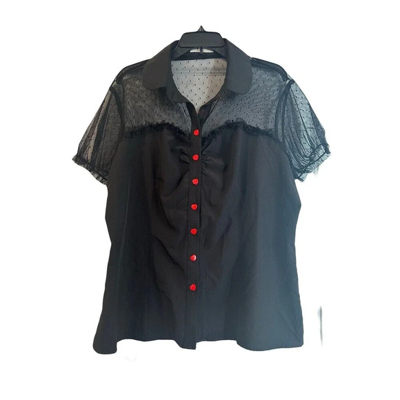 Retro Belle Pogue Whimsy black new top 2XL Red heart buttons - Picture 1 of 13